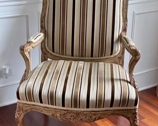 Pair of Nancy Corzine upholstered armchairs with matching silk upholstered backs. Each chair measures 32" W x 27" D x 47" H. Photo 2 of 6.