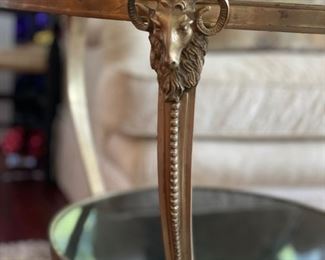 1920s French Gueridon Side Table with Ram's Head Details and Marble Top. Measures 27" D x 27" H. Photo 2 of 3.