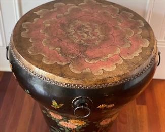 Antique hand-painted drum table with ebony Asian chinoiserie finish. Measures 23" H x 23" W. Photo 2 of 3.