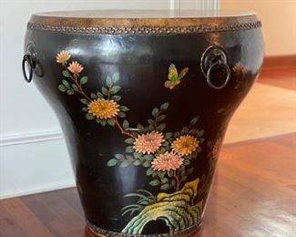 Antique hand-painted drum table with ebony Asian chinoiserie finish. Measures 23" H x 23" W. Photo 1 of 3.