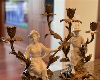 Porcelain and brass candlesticks - 2 available. Photo 2 of 2.