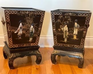 Pair of antique ebony chinoiserie planters with tin liners. Each measures 12" x 12" x 18" H.