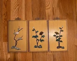 Triptych of faux jade carvings on wood. Each measures 6" x 10". Photo 1 of 2.