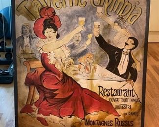 Replica Jules Cheret "Taverne Olympia" poster mounted on wood. Measures 36" x 42".