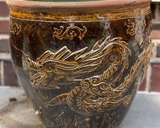 Glazed ceramic planter with dragon motif - 2 available. Photo 2 of 2.