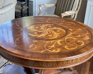Alfonso Marina Ebanista marquetry and inlay entry table. Measures 48" D x 36" H. Photo 2 of 4.