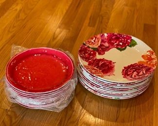 Sur La Table melaminie bowls and dinner plates.