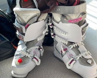 Ski boots and ski goggles.
