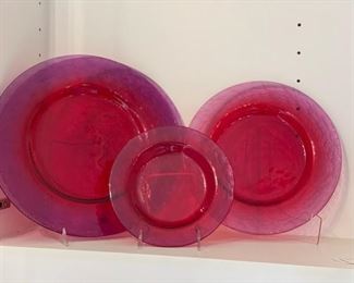 Vintage pink ombre blown-glass plates. 2 chargers, 12 dinner and 12 salad plates.