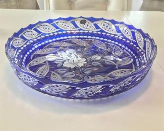 Gus Khrustalny cobalt blue hand painted glass platter