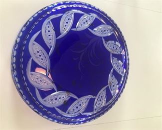 Gus Khrustalny cobalt blue hand painted glass platter