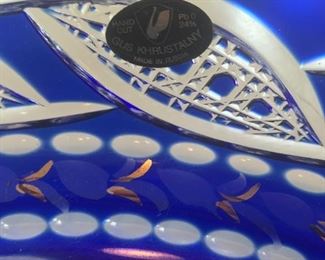 Gus Khrustalny cobalt blue hand painted glass platter