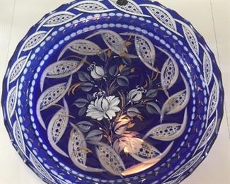 Gus Khrustalny cobalt blue hand painted glass platter