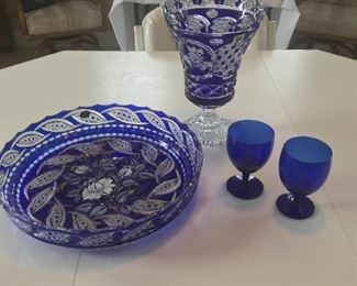 Gus Khrustalny cobalt blue hand painted glass platter and Celtic Crystal Claddagh cobalt blue footed vase. (wine glasses have sold)