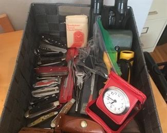 Case pocket knives, Leatherman tools, travel clocks, mini binoculars