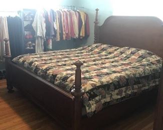 King 4-post solid wood bedroom set includes mattress, box spring, wood frame, 2 night stands, tall dresser, long dresser w/mirror $800
