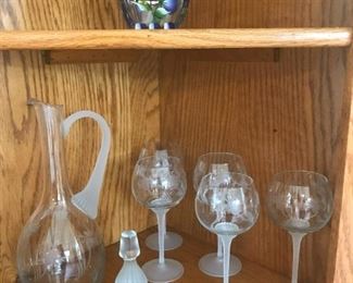 Frosted decanter and 5 glasses $40