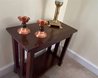 Mission Style Side Table, Brass Lamp, Copper Candle Holders