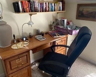 Locking Oak Desk and Office Chair, VHS tapes and Books