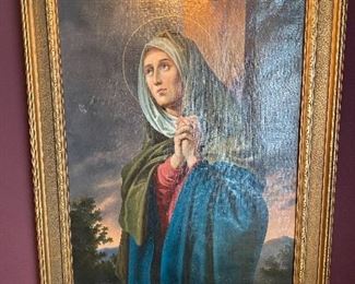 Oil on Canvas Original of the Virgin Mary in a Lighted Frame, some damage, no signature.
