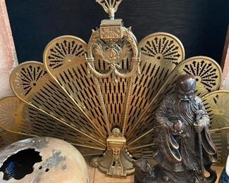 Vintage Art Deco Peacock Brass Folding Fan Fireplace Screen in Great Condition, Tony Evans design CA Roku pottery, Bronze Confucius Statue