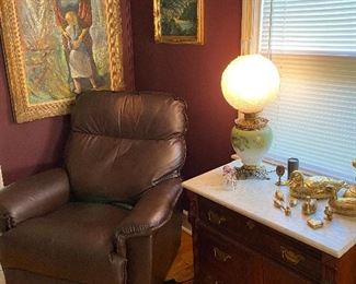 Leather Lift Chair by La Z Boy, some wear on headrest. Beautiful Marble Top Cabinet.