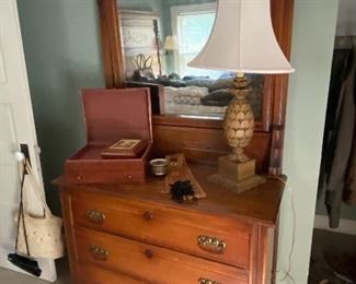 Beautiful Antique Chest of Drawers and Mirror, Vintage Lamp, Jewelry Box