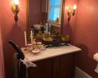 Beautiful Marble Top Wash Stand Cabinet, Framed Wall Mirror, J. Florenz Scale