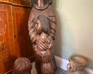Large Wooden Carved Statue of Mother and Child, Wooden Carved Bust, Pottery