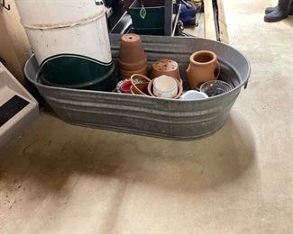 galvanized wash tub and clay pots