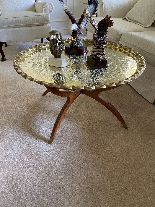 Vintage 1960's mid century Brass and teak coffee or tea table.  Base has carved hinged leg