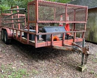 18 FT FLAT TRAILER PLUS RAMP AND HITCH, HAS ATTACHMENT ACCESSORIES BRACKETS