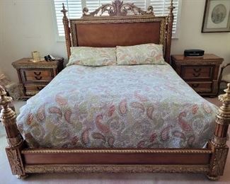 Monumental Hollywood Regency king size bed and two marching nightstands