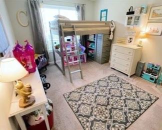 Everything must go! Loft Bed, Dresser, Rug, Curtains, Hamster Cage/Hamsters, American Girl Doll Accessories, and Girl Toys for sale. 