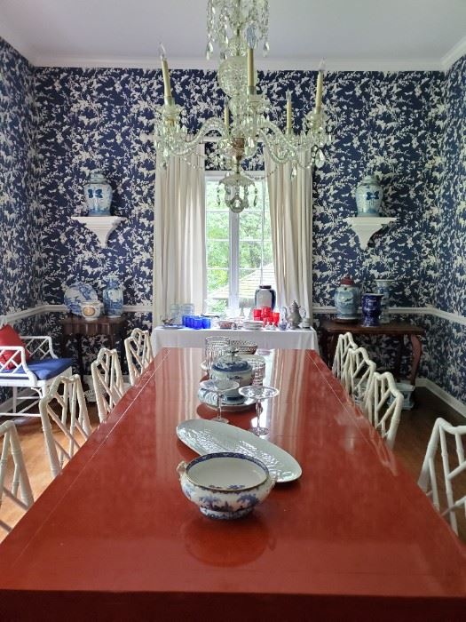 Mottahedeh "Blue Canton" tureen with platter, Set of (10) faux bamboo white dining chairs - good condition, sprayed-on lacquer finish Chinese style red dining table, tons of blue and white pottery (many old, some new).
