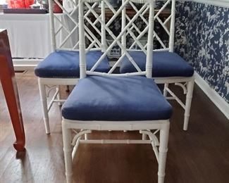 Set of (10) Faux Bamboo chairs -- in good condition. We previously said excellent condition but some of the chairs were used more than others and have signs of wear.  Still a great set! Some navy cushions have stains but could be cleaned. Please note: to buy these new, you would easily pay $350 and up for each chair.