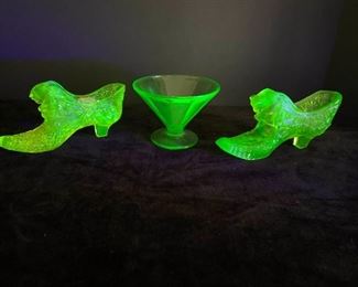 001 Vaseline Glass Including Two Fenton Cat Head Slipper Shoes and Candy Dish