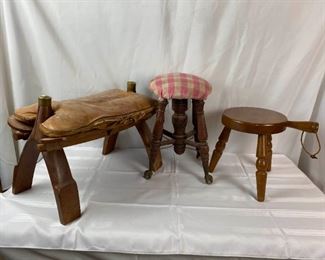 Antique Stools and Vintage Leather Camel Ottoman