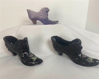 Fenton Glass Cat Head Slippers, Hand Painted