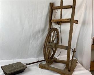 Primitive Wood Spinning Wheel and Antique Popcorn Popper
