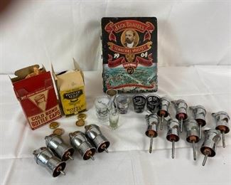 Vintage Mid Century Chrome Whiskey Pourer, Beer TopsShot Glasses