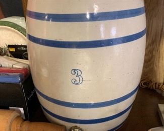 Blue and White Banded Stoneware Dispenser (3 Gallon)