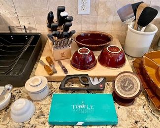Butchers block, knife block, pottery, kitchen where
