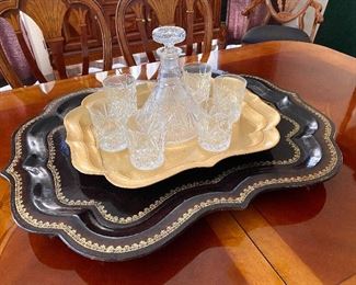 Liquor decanter, rock glasses/bar glasses, Maitland Smith leather wrapped tray