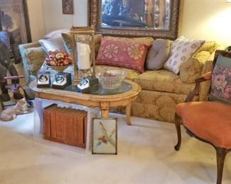 Henredon Sofa, Side Chair, African Items, Books, Beveled Glass Coffee Table, Candle Holders, Throw Pillows