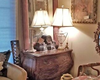 Louie XV Chest, Lamp, Glass Dog Book Ends, Vases, Pottery, Framed Mirror and Art