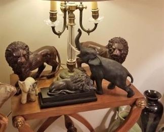 Baker Table, Lamp, Bronze Lions, Copper & Black Elephant