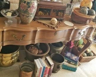 Wood Buffet with Curved Legs, Vases, Wood Decorator Box, Books, Brass Planters & Buckets, Bowls