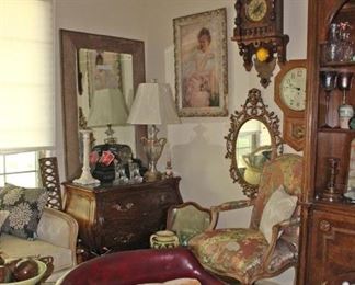 Living Room Wall Clocks, Wehilan Mantle Clock, Heritage Sofa, Lamps, Henredon Chair, Henredon Chair, Louis XV Chest, Lamps, Mantle Clock, Lamps, Wall Clocks, Stool, Ornate Mirror