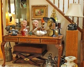 Desk Hand Crafted For Handley Hall, Pedestal with Vintage Phone, Elephant Stool, Neo Classical Stool, Bust Mannequins, Mirror, Horse Oil Painting, Vintage Wall Sconce, Lamp, Camera Light, Floor Lamp